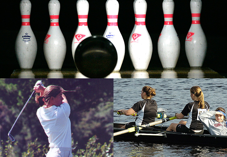 Bowling pins, golfer and rowers